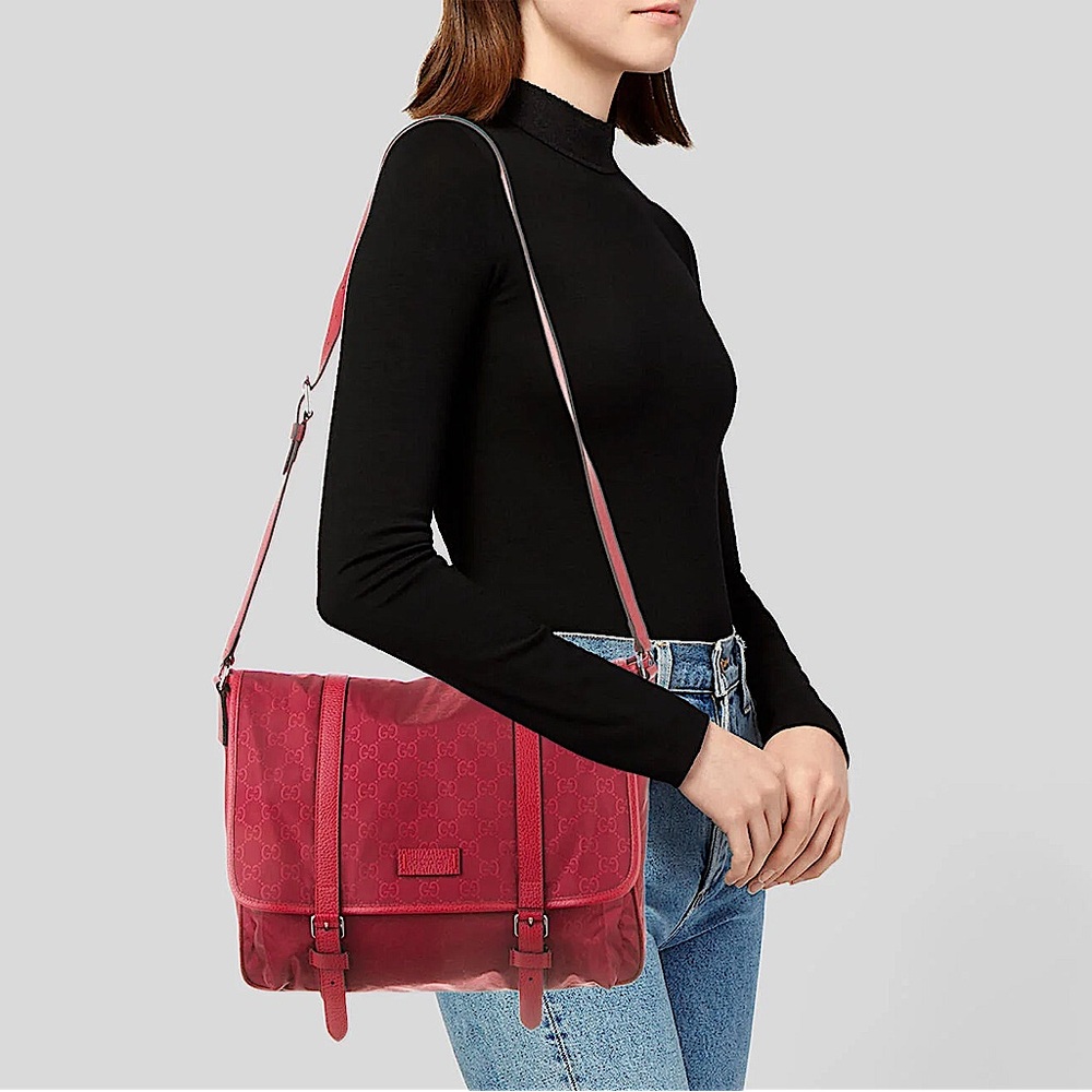 GUCCI Nylon Monogram Double Buckle Flap Messenger Bag Vibrant Red